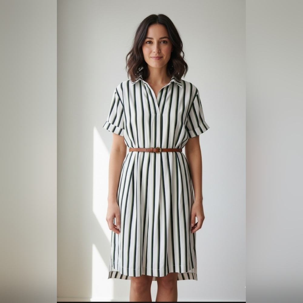 Ted Baker London White, Green And Black Striped Pockets Shirt Dress Size 1, 4 US